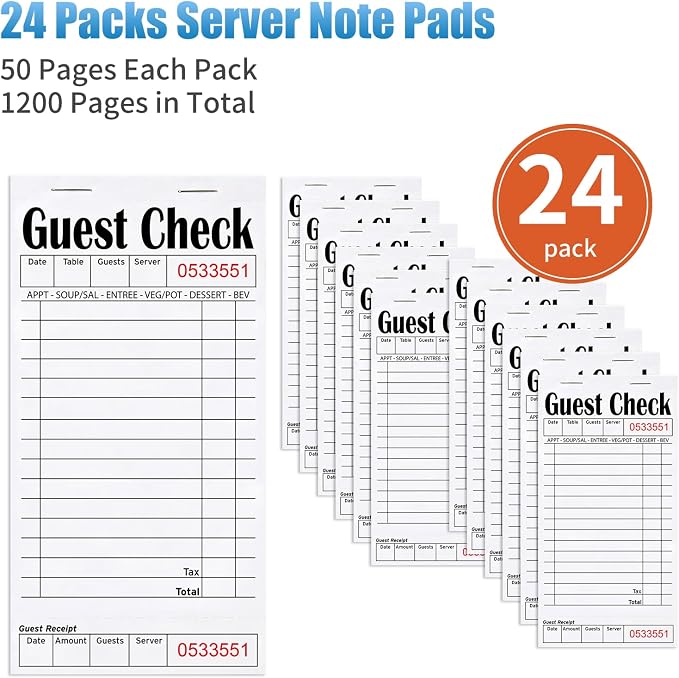 ZPARIK 24 Pack Guest Checks Books for Servers Server Note Pads, White | 24 Pack Guest Checks with 50 Sheets Per Book, Multiple Colors, Waitress Notepad for Restaurants, Perfect for Servers