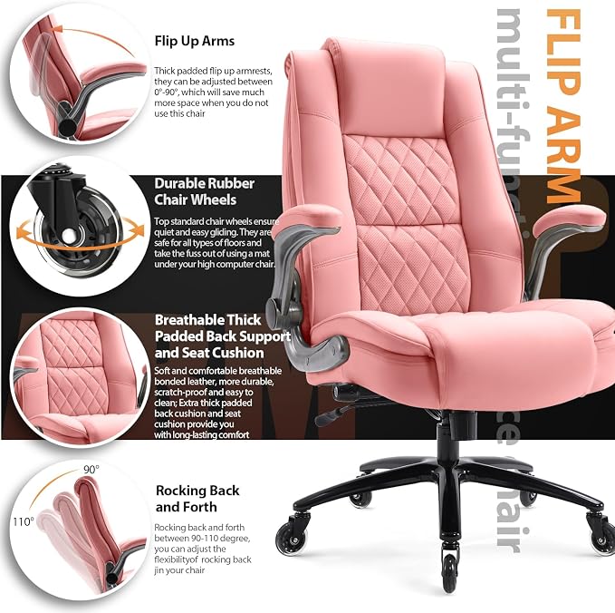 High Back Office Chair, Ergonomic Executive Computer Desk Chair | Flip Arms, Adjustable Built-in Lumbar Support, Thick Padded, Strong Metal Base, Quiet Wheels Work Chairs for Long Hours