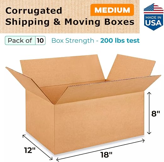 Medium Moving & Shipping Boxes 18x12x8 inches (10-Pack) - Extra Strength 200 lb vs Regular - USA-Made Corrugated Strong Packaging Boxes - Medium Box for Moving - Cardboard Moving Box by IDL Packaging | Extra Strength 200 lb vs Regular - Corrugated Stro...