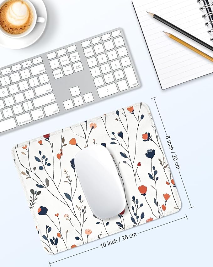 Mouse Pad, Cute Mouse Mat, 10" x 8", White Flower | Square Waterproof Gaming Computer Mat, Textured Top, Stitched Edges, Non-Slip Rubber Base for Office Home Laptop Keyboard