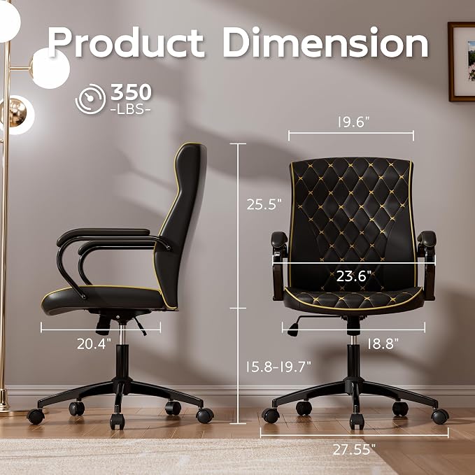 Black Office Chair, Luxury Leather Executive Desk Chair | Elegant Timeless Appeal, Vintage Mid Back Styling with Wheels and Padded Arms, Thick High Density Foam Comfort