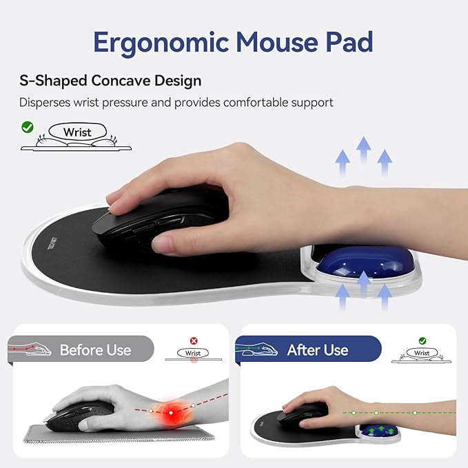 TECKNET Gel Mouse Pad with Wrist Rest, Ergonomic Mouse Pad with Gel Wrist Support for Relieve Wrist Pain Comfortably - Non-Slip Base & Waterproof Surface for Office & Home - Black