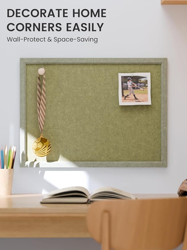 Fluxynara 23.6" x 17.1" Felt Frame Bulletin Board, Olive Green | Cork Board Alternative with 12 Removable Adhesive Tabs, Foldable Pin Board for Wall, Home, Office, Classroom & Dorm