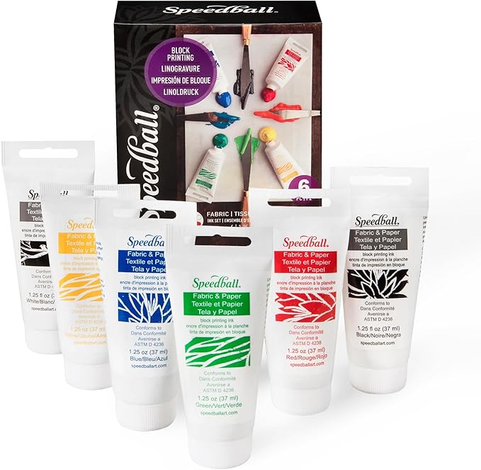 Speedball Premium Block Printing Ink Set - 6 Colors for Fabric and Paper - Water Soluble Oil Based Ink - 1.25 oz Each - Non Toxic Art Supplies
