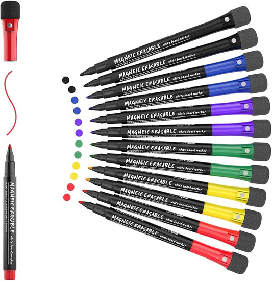 Magnetic Dry Erase Markers Fine: 12 Count 6 Colors Erasable Whiteboard Markers Fine Point with Eraser Cap, Low Odor White Board Dry Erase Pens Fine Tip for Teachers, Home, Office