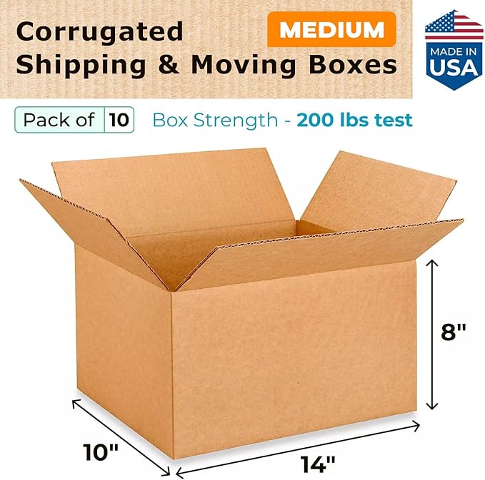 Medium Moving & Shipping Boxes 14x10x8 inches (10-Pack) - Extra Strength 200 lb vs Regular - USA-Made Corrugated Packaging Boxes for USPS/UPS/FEDEX - Box for Shipping - Heavy Duty Box by IDL Packaging