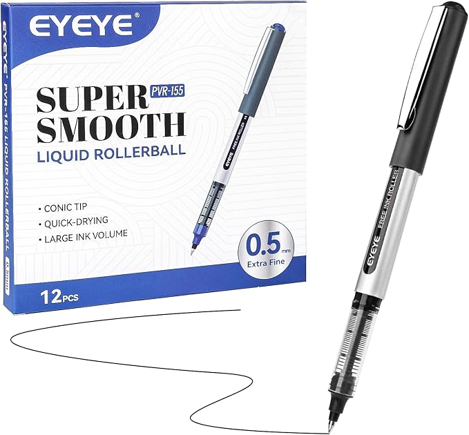 EYEYE Black Pens Pack of 12, 0.5mm Extra Fine Point Roller Ball Pen | Quick Drying Liquid Ink Rollerball Pen, Fine Point Smooth Writing Pen for Journaling Office Supplies Back to School Essential