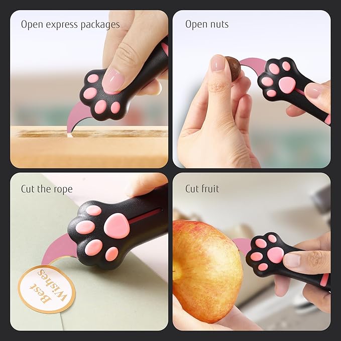 Cat Paw Box Cutter Retractable with Cat Paw Handle, Multifunctional Knife Set (Black)