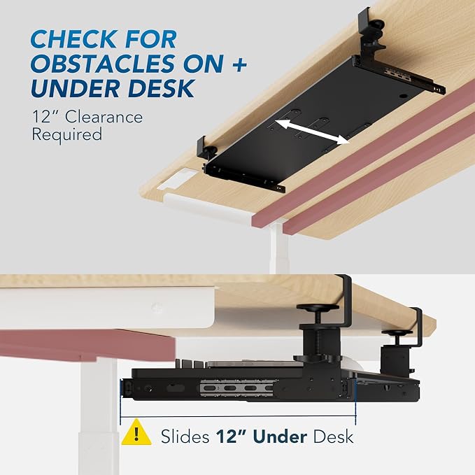 Keyboard Tray Under Desk Pull Out with 3 Height Adjustable Extra Sturdy C Clamp Mount System, 32.8 (38 inch Including Clamps) x 12 Inch Slide-Out Platform Computer Drawer for Typing