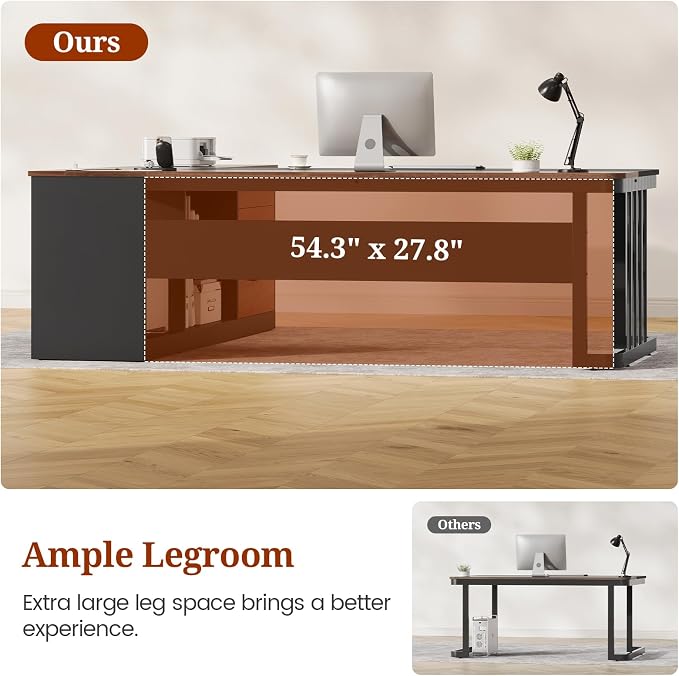 71" Executive Desk, Large Office Desk with Drawers & Storage Shelves, Modern L Shaped Computer Desk Corner Desk with Power Outlets, File Cabinet, Business Furniture Desk Workstation (Walnut)