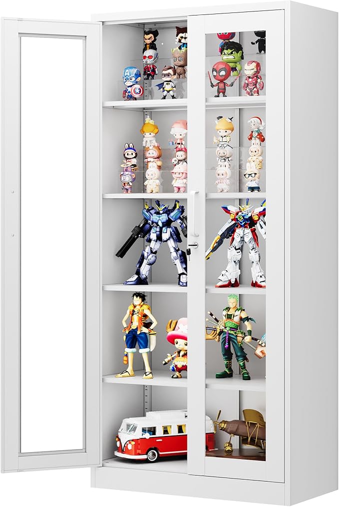 PEUKC Display Cabinet with Glass Doors, 71 Inches Metal Display Case with 4 Adjustable Shelves, Curio Storage Cabinet with Lock for Home, Office, Book, Pantry, Assemble Required (White)