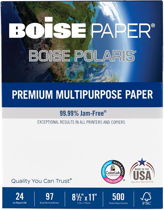Boise Paper Premium Multipurpose Copy Paper | 8.5" x 11" Letter | 97 Bright White, 24 lb. | 10 Ream Carton (5,000 Sheets)