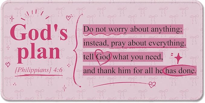 Pink Bow Christian Bible Verse Mouse Pad Large 31.5x15.7inch,M008 | Philippians 4:6 Pink Bow Christian Large Mouse Pad for Work Computers Laptop Office Desk Accessories, Girly Office Supplies