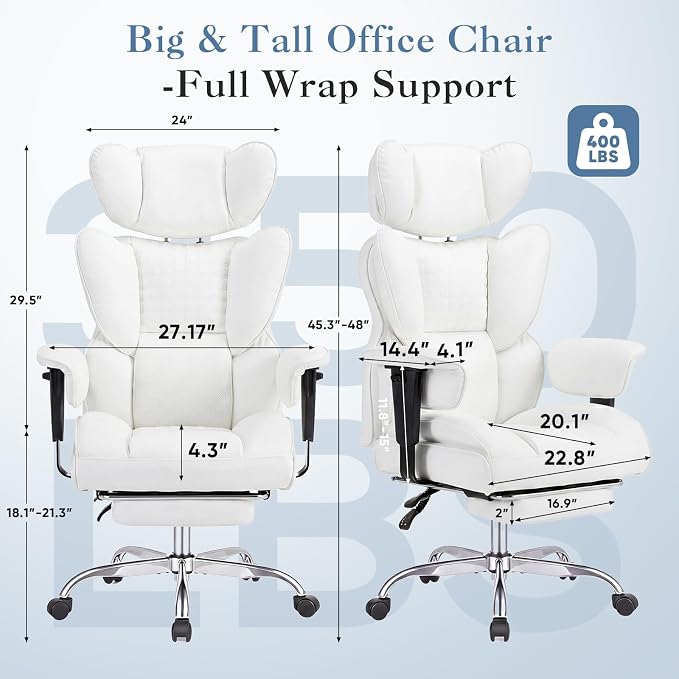 DUMOS Big and Tall Home Office Desk Chair, Executive Chair with Footrest | PU Leather, Ergonomic Comfy Lumbar Support, High Back Reclining, Adjustable Armrests, White