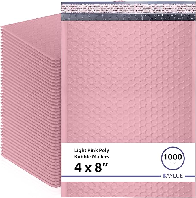 Light Pink Small Bubble Mailers 4x8 Inch #000 | Thick Padded Poly Bubble Mailer Envelopes | Trading card sports Card Bubble Envelopes | Mailing Envelopes | Water & Tear Resistant | 1000 Pack Bulk