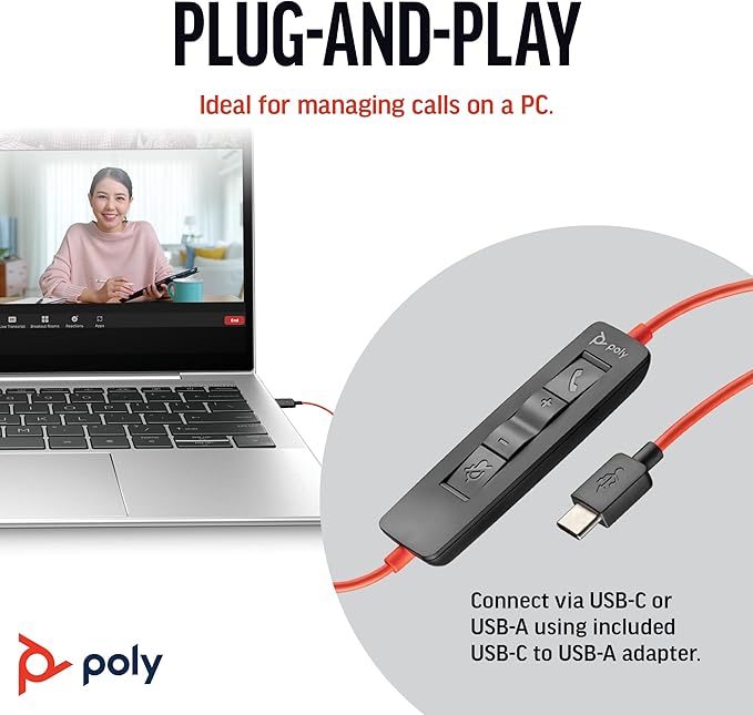 Poly Blackwire 3220 Wired Headset with Mic, Hi-Fi Stereo Sound, Noise-Canceling Mic, Stereo Design, Connect to PC via USB-C & USB-A Adapter, Over-Ear Design, Works with Virtual Meeting Platforms