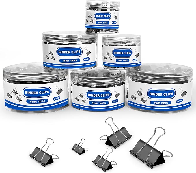 BainGesk 210 Binder Clips, 6 Assorted Sizes, Black Metal Paper Clamps | Paper Binder Clips Packed in 6 Boxes, Durable and Rustproof Binder Clips for Office, School Supplies