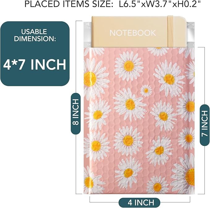 Metronic 4x8 Inch Bubble Mailer 100Pack, Pink Small Bubble Mailers, Fancy Daisy Bubble Envelopes, Self-Seal Adhesion Envelope Mailers,Small Padded Mailers for Packing, Bubble Mailers Usable Size 4x7