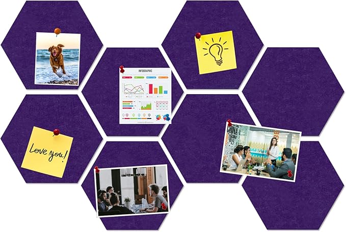 Large Hexagon Felt Cork Board Tiles, Self Adhesive DIY Felt Bulletin Board Pin Board with 35 Pushpins for Office School Home Wall Decor Stickers Memos Photos Display(Purple)
