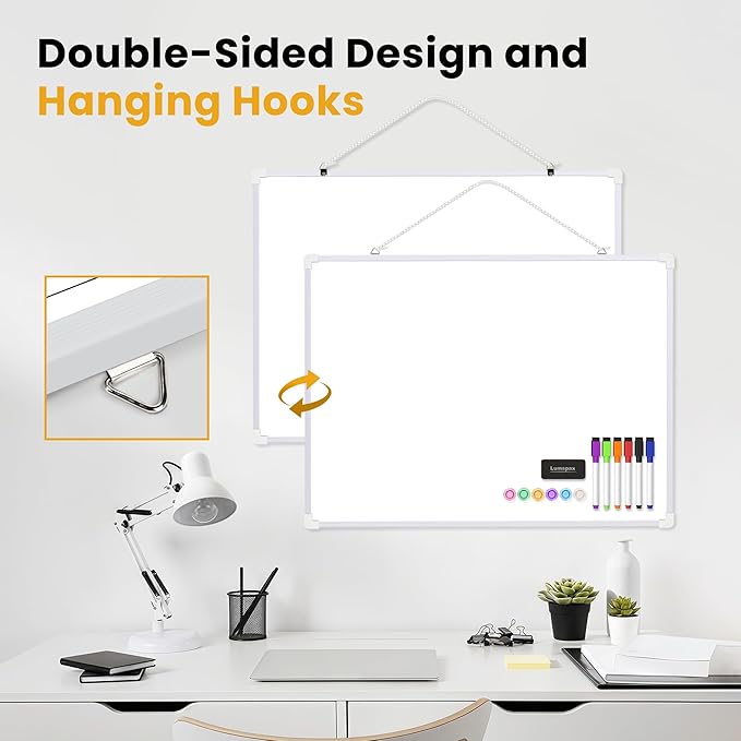 Dry Erase Board for Wall, 24" x 18" Double-Sided Hanging Whiteboard, Dry Erase White Board with 6 Markers 6 Magnets and 3 Mini Sticky Notes,Magnetic Whiteboard for Home,Office, School