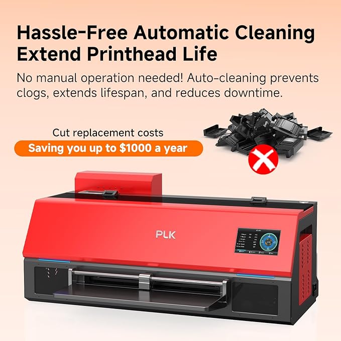 PLK A3 Plus XP600 DTF Printer, Double-Speed Than L1800/L805, 4.5'' Touch Screen, Auto-Cleaning, Dual White Ink System, Film-Cutter, Apparel Printer Machine, 2-Year Ink Included