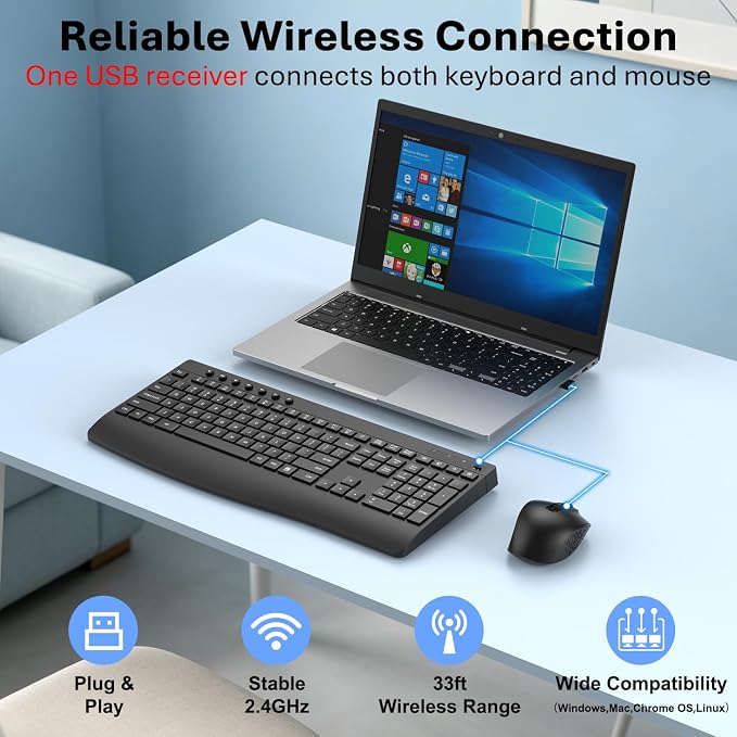 Full-Size Silent Wireless Keyboard and Mouse Combo with Palm Rest | 30dB quiet keys, silent clicks, 12-month battery, 1.4-in rear lift, 12 hotkeys, auto sleep, 2.4G receiver, Win/macOS/ChromeOS
