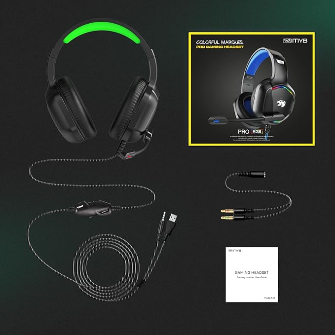 Gaming Headset with Microphone for Pc, Xbox One Series X/s, Ps4, Ps5, Switch, Stereo Wired Noise Cancelling Over-Ear Headphones with Mic, RGB, for Computer, Laptop, Mac, Nintendo (Green)