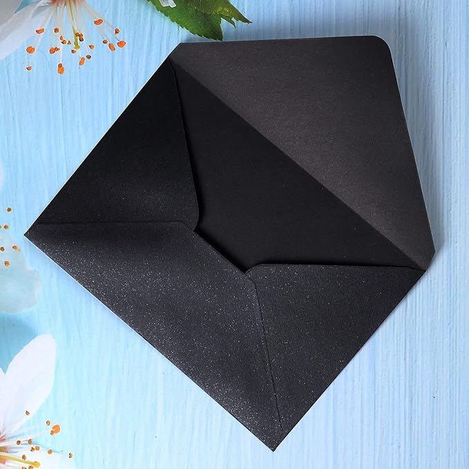 PONATIA 50 Pieces/Pack A7 Envelopes, 5.25 x 7.25'' Black Shiny Envelopes Perfect for 5x7'' Invitation Cards, Weddings Invitations, Photos, greeting Cards, Christmas Gift Cards