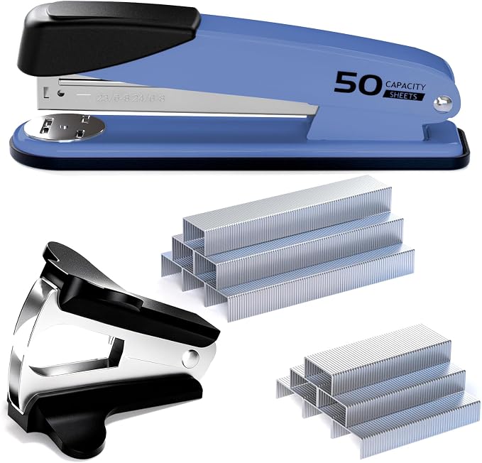 Metal Stapler Heavy Duty for Desk - 50 Sheet Capacity with 2000 Pieces 1/4", 5/16" Staples and Staple Remover, No Jam, Non-Slip, Stapler Heavy Duty for Classroom and Office, Blue