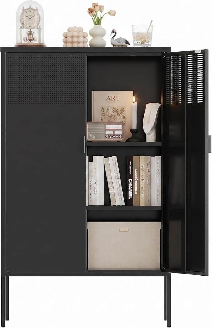 Metal Storage Cabinet,2 Door TV Stand, Metal Mesh Accent Cabinet | Magnetic Door Closure,Low Storage Cabinets with Doors and Shelf for Home,Office,Living Room