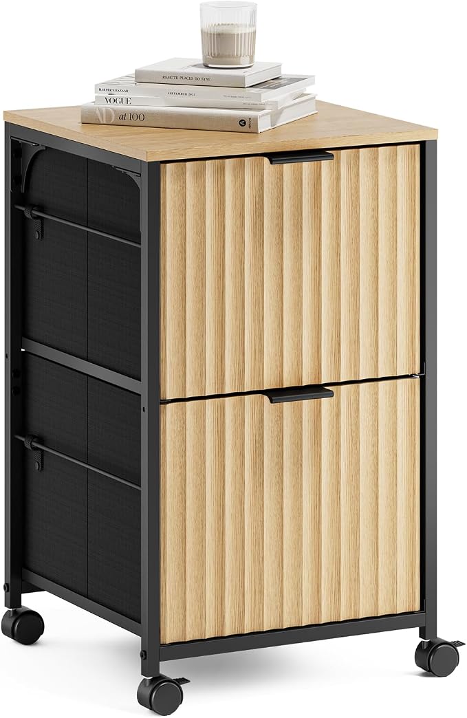 VINGLI 2 Drawer Mobile File Cabinet, Rolling Fluted Filing Cabinet Under Desk File Cabinet with Wheels, Fabric Drawers Printer Stand for Home Office, Fits Letter Size, Oak