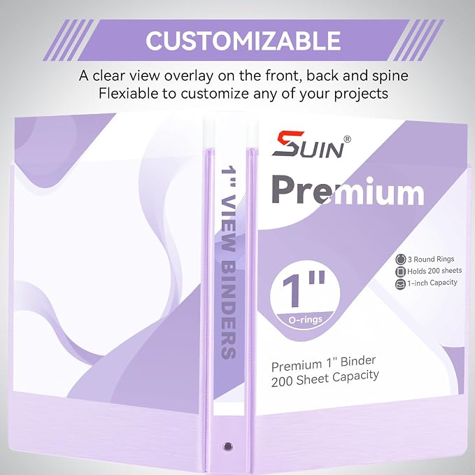 SUIN 1 Inch 3 Ring Binder, Clear 1'' View Presentation Binders with 2 Pockets, Fits 8.5 x 11 Letter Size, Durable Polypropylene, Non-Stick & PVC-Free for School, Office & Home (Brushed Lavender)
