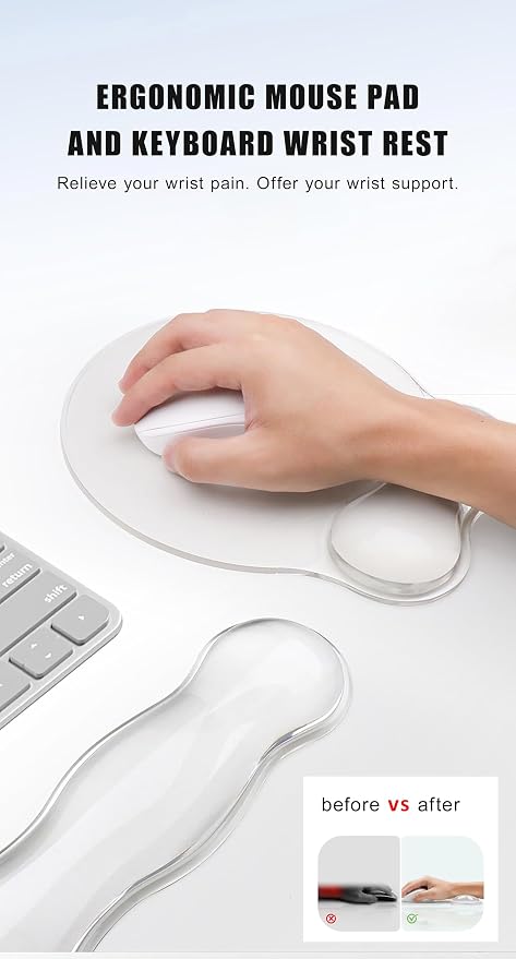 Mouse Pad with Wrist Rest, Soft Cloud Gel Keyboard Mouse Pad Set with Hand Wrist Support, Cute Non Slip Office Desk Accessories for Comfort/Pain Relief/Computer/Laptop (2Pc Clear Wave)