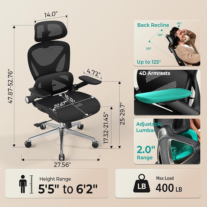 Ergonomic Mesh Office Chair, Adjustable Lumbar High Back Desk Chair 400lbs, 4D Flip-up Arms, 3-Level Tilt Backrest, 3D Headrest, PU Wheels, Swivel Rolling Computer Seating for Long Desk Work