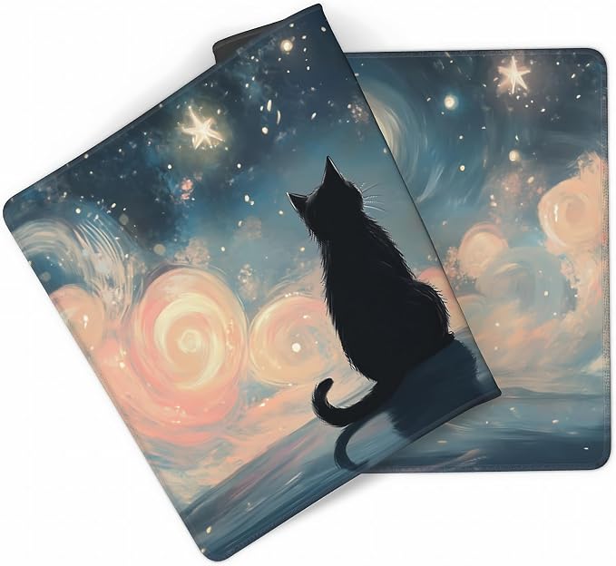 Cute Anime Black Cat Gaming Mouse Pad, Colorful Van Gogh Desk Mat with Anti-Slip Base & Stitched Edges, Computer Keyboard & Laptop Pad, 35.4" x 15.7" in in Workstation Accessories