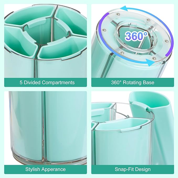 Comix 360° Rotating Pen Holder for Desk, Pencil Holder with 5 Slots, Cute Green Plastic Desk Organizer for Home School Office Supplies