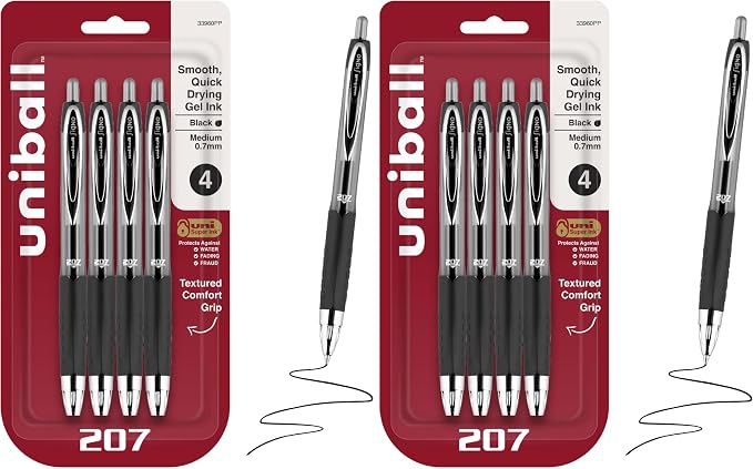 Uni-Ball 207 Retractable Gel Pens,Medium Point (0.7mm),Black,4 Count (Pack of 2)