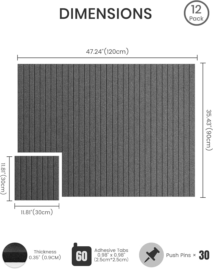Bumusty 48"x 36" Large Felt Bulletin Board Tiles, Charcoal Gray | 12-Pack Cork Board Alternative, Wall Decor, 30 Pushpins, 60 Adhesive Tabs, Vision Board, Office, Classroom, Home, Dorm