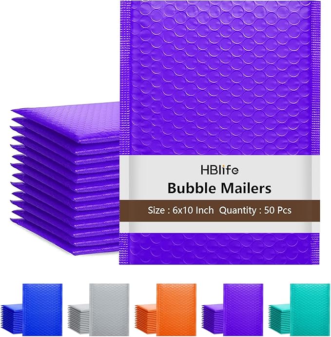 HBlife 50Pcs Bubble Mailers, 6x10 Inches Self Seal Purple Poly Mailers, Padded Envelopes Shipping Bags Packaging for Small Business