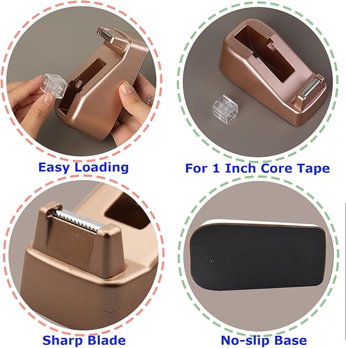 Small Desk Tape Dispenser Heavy Duty Cute Desktop Tape Dispenser with Weighted Non-Skid Base Suitable for 1 Inch Core Tape (Rose Gold)