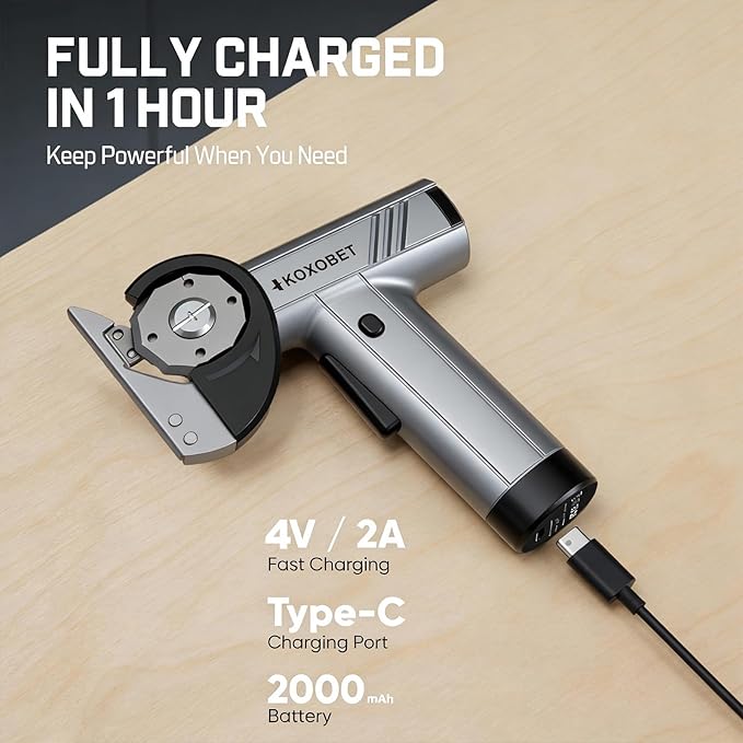 2026 Upgrade 4.2V Cordless Cutting Tool, Cardboard Cutter with LED Display, Brushless Motor, Tungsten Steel 3 Blades, Electric Chop Saw for Fabric, Cardboard, Leather, Carpet- Silver