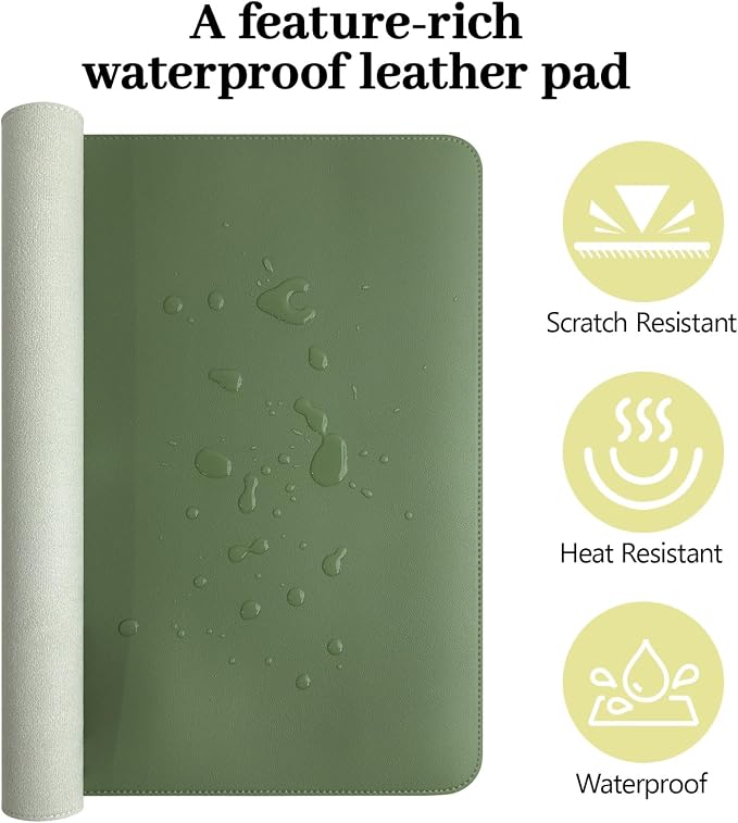 Green Leather Desk Pad Large Mouse Pad, 35.4"x17" | Waterproof Desk Mat for Keyboard and Mouse, Non-Slip Computer Desk Protector, Smooth Mouse Control for Home Office