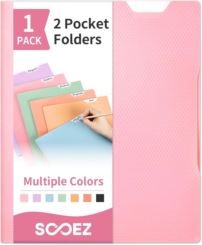 Sooez 1 Pack Plastic Folder, 2-Pocket Folder with Writable Category Label | With Non-Slip Tabs, Fits A4/Letter Size Paper, Heavy-Duty Folders with Pockets for School, Office, Home (Pink)