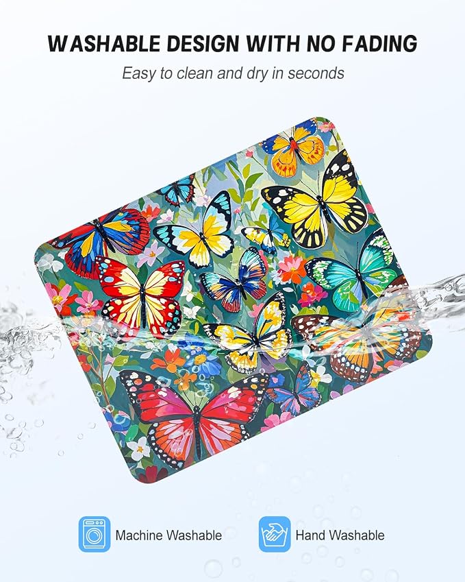 Mouse Pad, Cute Mouse Mat, 10" x 8", Colorful Butterfly | Square Waterproof Gaming Computer Mat, Textured Top, Stitched Edges, Non-Slip Rubber Base for Office Home Laptop Keyboard