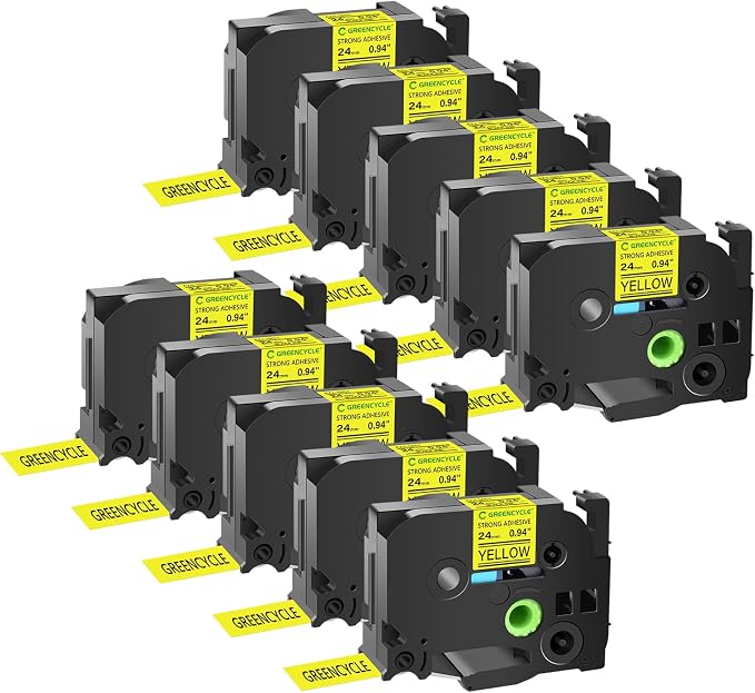 GREENCYCLE Extra Strength Label Tape TZe-S651 24mm 0.94" Laminated Yellow Compatible for Brother P-Touch TZeS651 TZ-S651 TZe TZ 1 inch Black on Yellow Label Tape for PT2730 PT9600 PTH500LI, 10 Pack