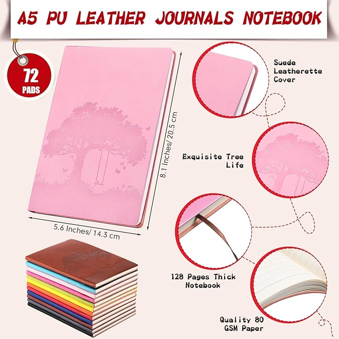 TaoBary 72 Pcs Employee Appreciation Gift A5 PU Leather Journals Bulk Colorful Tree Lined Journal Notebook Soft PU Leather Cover Ruled Writing Notebook for Office School Teacher Nurse (Bright Colors)
