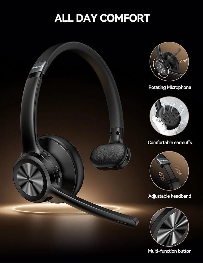 TECKNET Trucker Bluetooth Headset, Wireless Headset with Mic for Work, V5.2 Bluetooth Headphones with AI Noise Cancelling Microphone, 60H Battery, On-Ear Headphones for Call Center, Office, Drivers