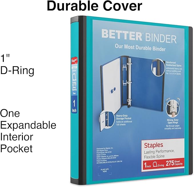 Staples Better Binder 1-Inch D-Ring View Binder, Reinforced Spine, Holds Up to 275 Sheets, Teal, for Office & School