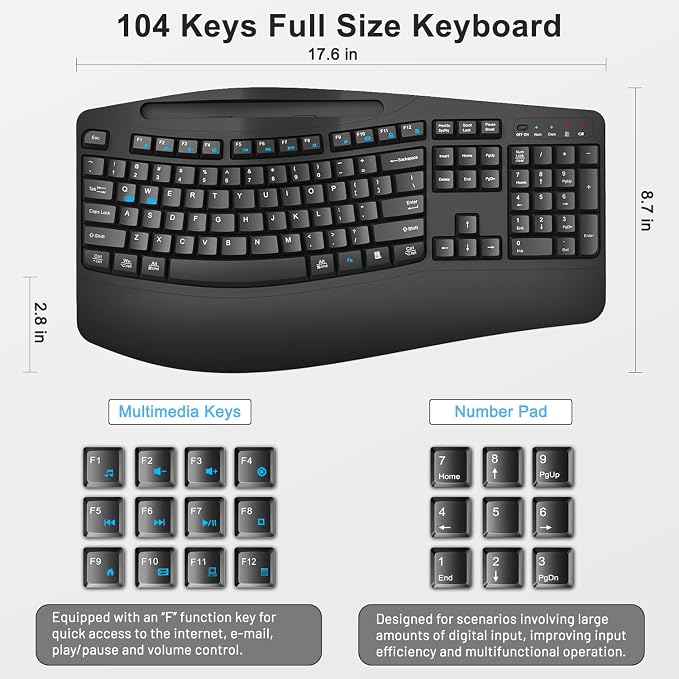 Wireless Keyboard and Mouse Combo, Full Size Ergonomic Wave Keys(Black) | 2.4G Ergonomic Keyboard with Wrist Rest, Phone Holder, 3-Level DPI Silent Mouse with 6-Buttons, for Windows/Mac OS/Laptop/PC