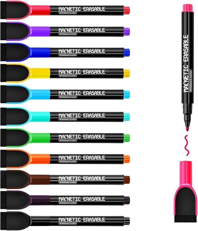 Magnetic Dry Erase Markers Fine Tip with Eraser Cap, Low Odor Thin Whiteboard Markers 12 Colors